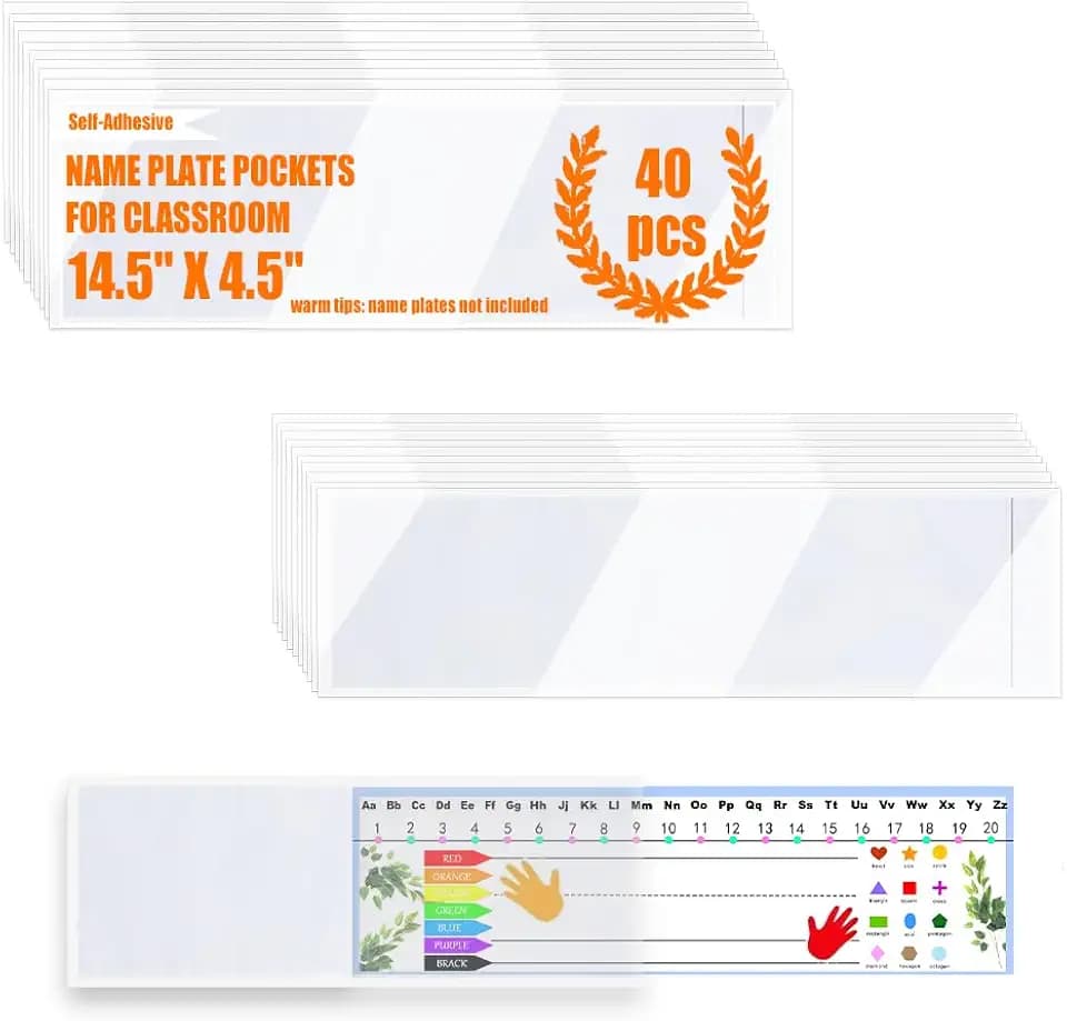 40 PCS Nameplate Pocket - 14.5"x4.5"No Residue Self-Adhesive Waterproof Easy Use&Remove Scratch Proof Clear Thicken PVC Name Tag Sleeves Nameplates Holder for Classroom Desks, Office Supplies