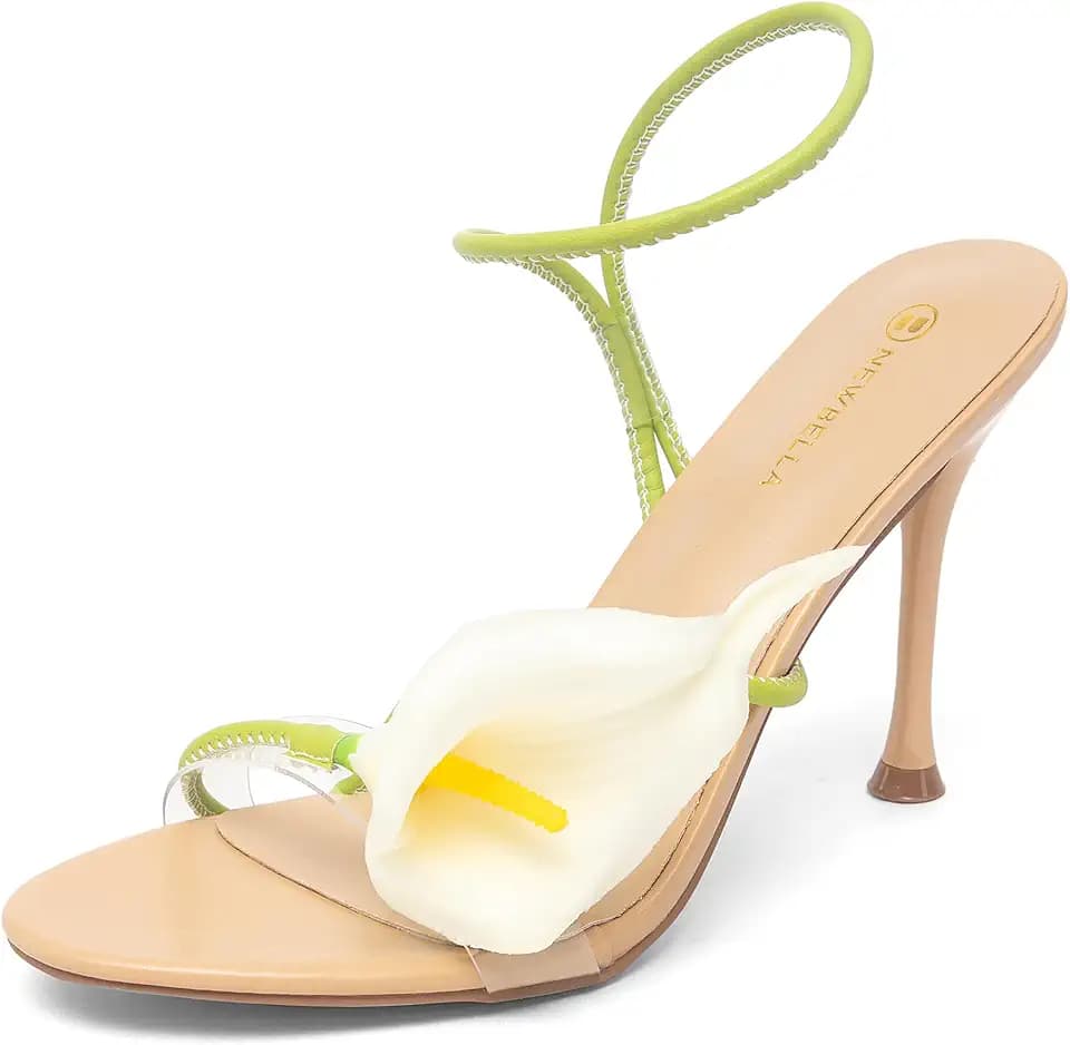 NEWBELLA Women's Open Toe Stiletto Heel Sandals - Calla Lily Floral Decor, Transparent Ankle Wrap Straps, Dressy Heels for Summer Beach, Wedding, Party & Birthday, Apricot 6.5