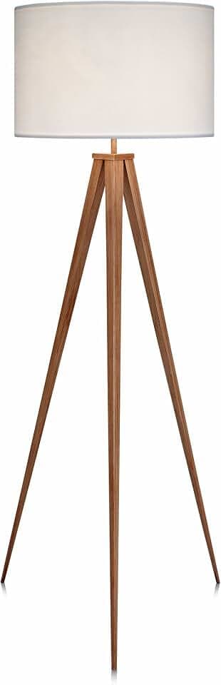 Teamson Home 61.81 in. Postmodern Tripod Floor Lamp with Foot Switch, Minimalist Lighting Option for Ambient, Accent, or Reading, Faux Natural Wood Grain Finish and White Drum Shade