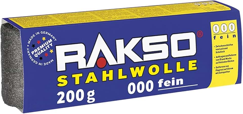 RAKSO Stahlwolle fein 000-200g, 1 Banderole, Zwischenschliff von Lack, Schellack, poliert Kupfer, Messing & Öl, Wachs auf Holz