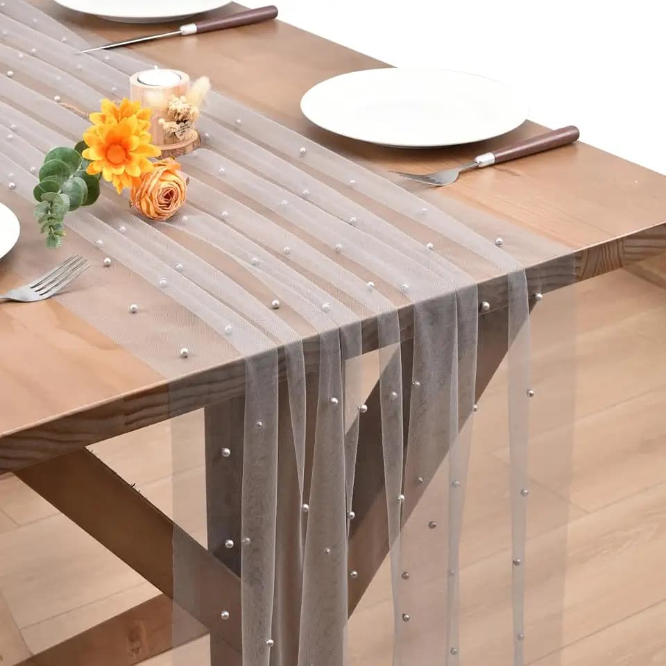 3pcs Pearl Table Runner Boho Tulle Lace Bridal Shower Beaded Decor Gray