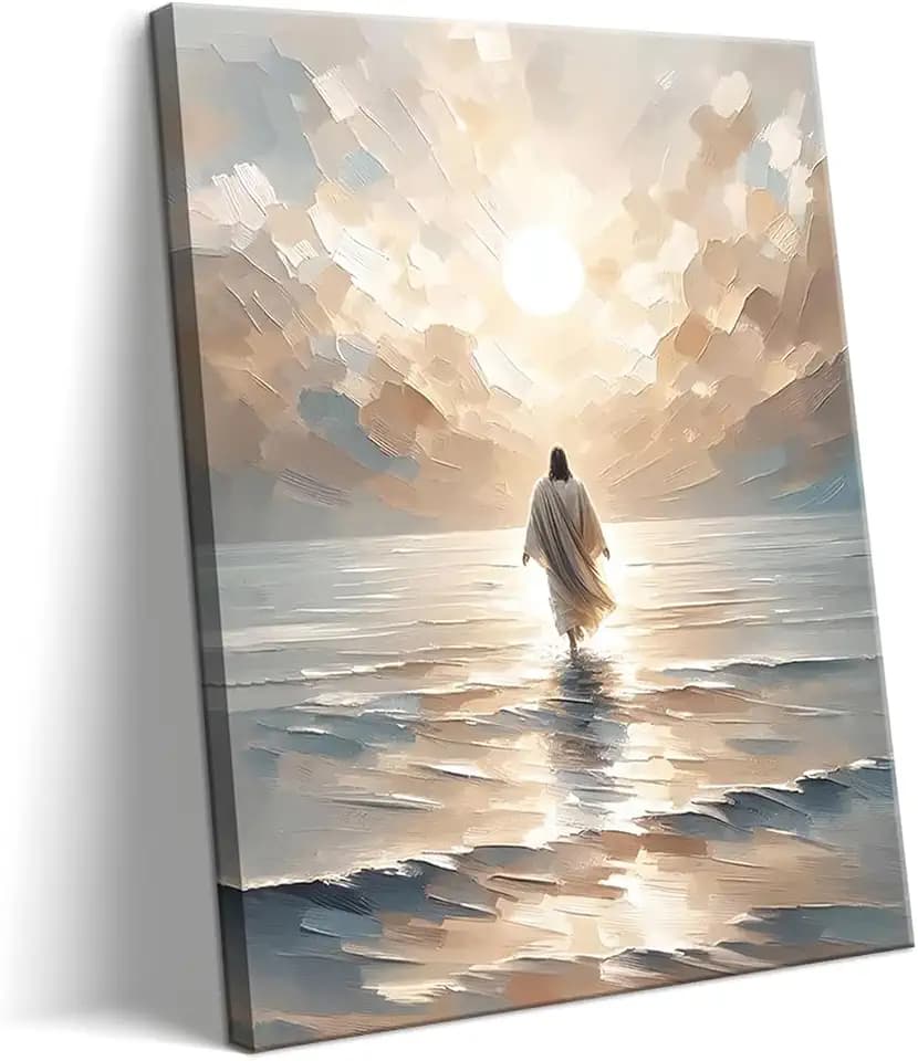 Jesus Walking on Water Canvas Wall Art, Christian Bible Stories Wall Decor Paintings, Jesus Walks on Water on Water Back Posters Prints Pictures for Church Living Room Bedroom 16x24 Inch Framed