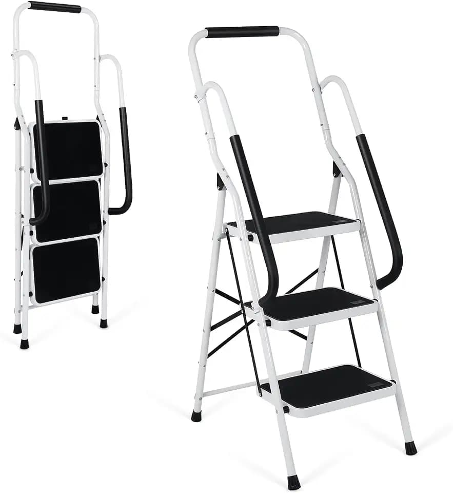 FAHKNS 3 Step Ladder with Handrails, Sturdy Steel Step Ladder 3 Step Folding, Portable Folding Step Stool with Safety Lock, 330LBS Capacity Ladders for Home Library Garage Office, White