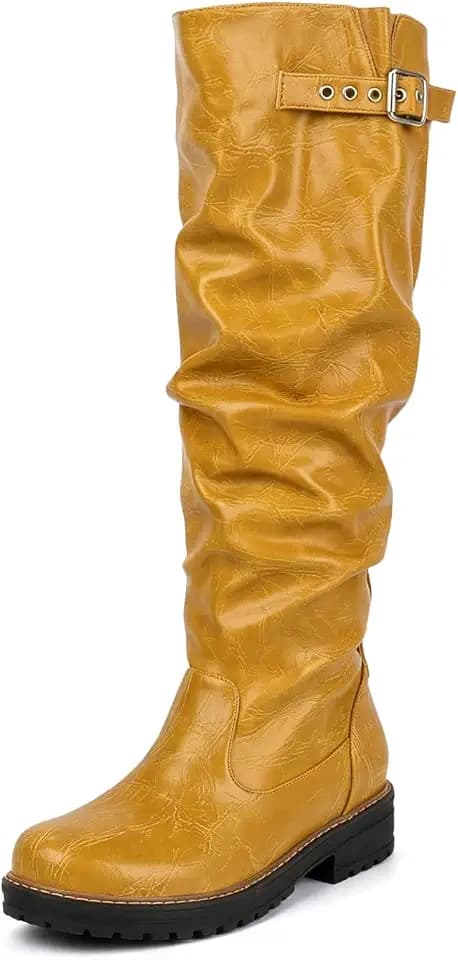 Etebella Women's Knee High Slouch Riding Boots Chunky Heel Platform Boots