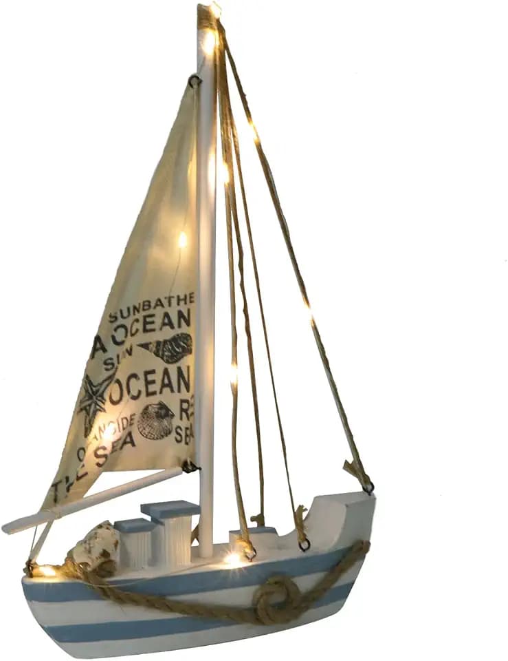 Wooden Sailboat Model Mini LED Nautical Shell Wood Sailing Ship Figurine Decor for Home Desktop Table Bookshelf Ornament without Battery