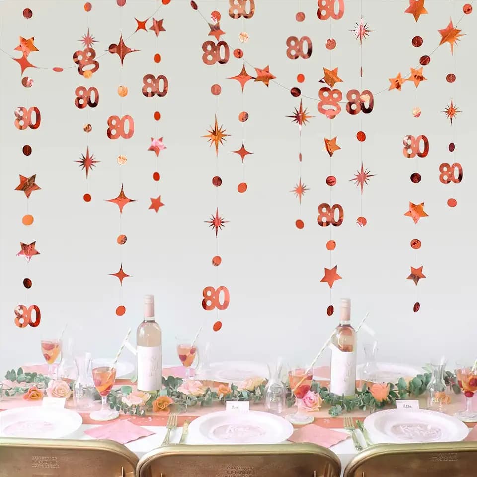 Rose Gold 80th Birthday Decorations Number 80 Circle Dot Twinkle Star Garland Metallic Hanging Streamer Bunting Banner Backdrop for 80 and Fabulous Cheers to 80 Years Old Birthday Party Supplies