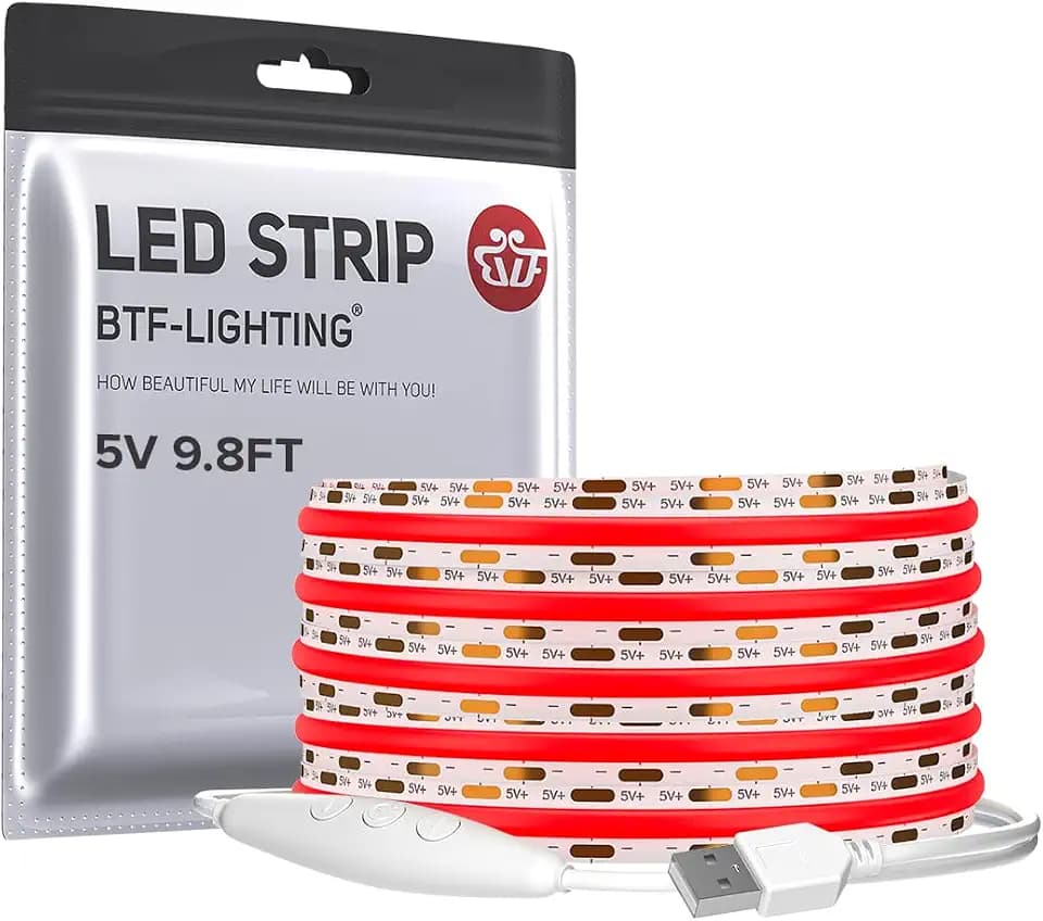 BTF-LIGHTING 5V USB COB LED Strip Lights 9.8FT Red Color for TV