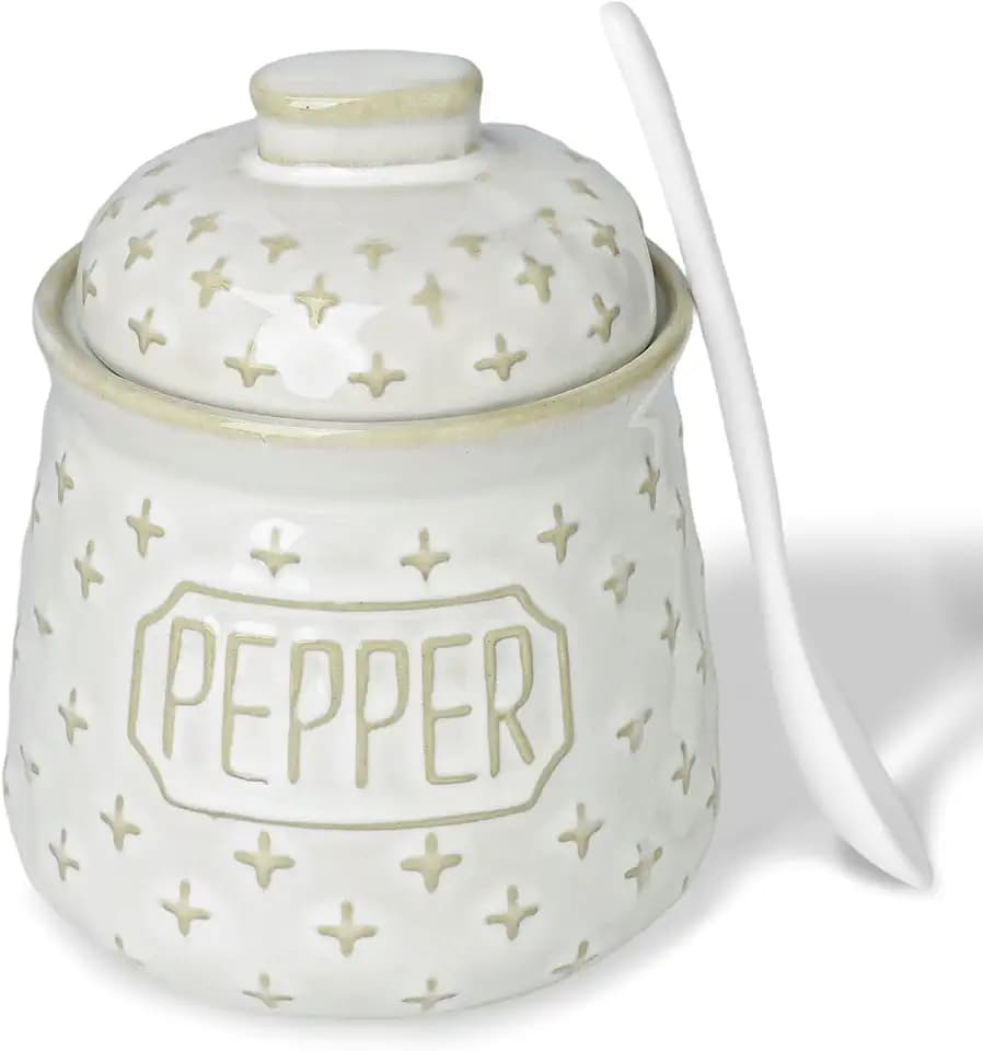 Pepper Bowl with Lid and Spoon, 10oz Ceramic Seasoning Jar (Vintage White)