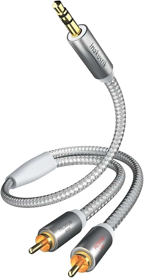 inakustik – 00410005 – Premium Klinkenadapter - 3,5mm Klinke -> 2 x RCA | Für den Anschluss von Smartphones, Tablets oder PC an HiFi-Verstärker | 5m in Weiß/Silber | 2-fache Abschirmung - moderner Geflechtschirm