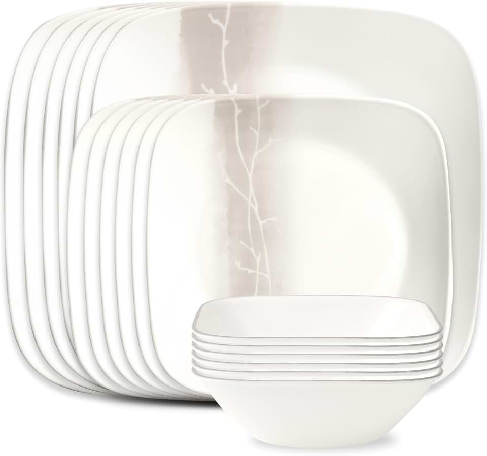 Corelle Vitrelle 18 Piece Glass Dinnerware Sets Rectangular Square Plate and Bowl Set Service for 6, Triple Layer Chip & Crack Resistant Glass Plate and Bowl Sets, Wandering Grove