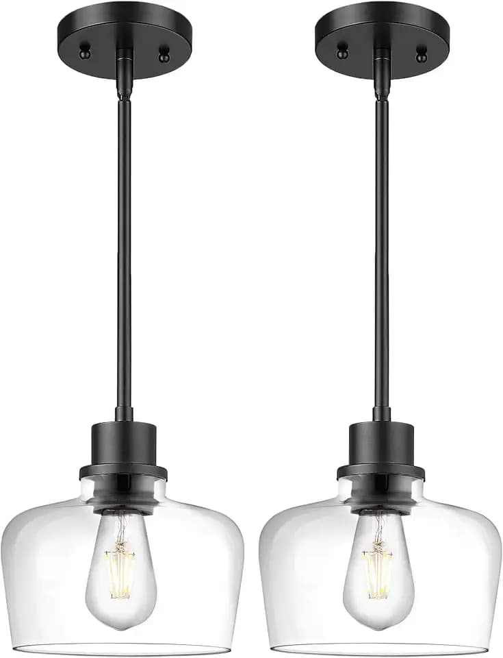 Emak 2 Pack Pendant Lights Kitchen Island, 8 Inch Black Pendant Light Fixtures with Clear Glass Shade, Modern Farmhouse Island Lights for Kitchen, Dining Room, Bar, PL122-BK-CG-2PK