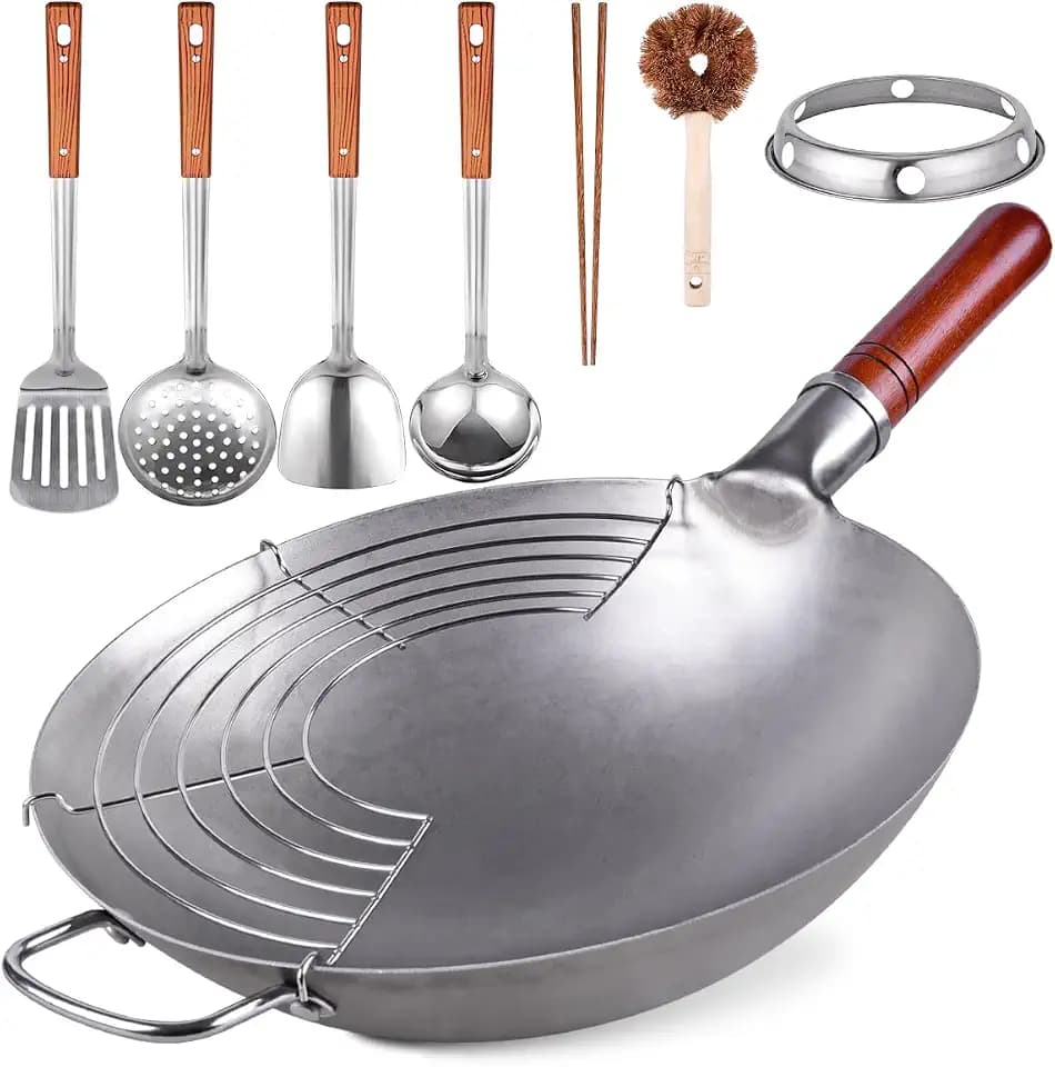 Teewe 13.4" Carbon Steel Wok Traditional Hand Hammered Round Bottom Wok