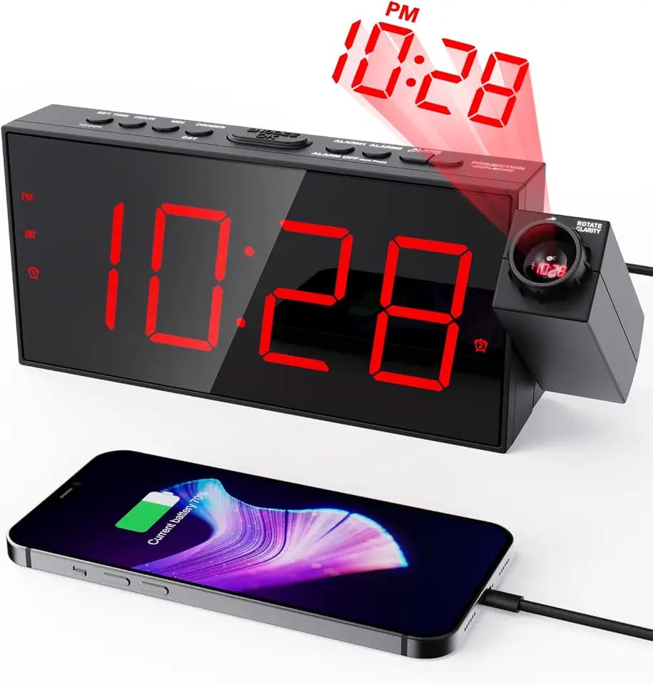 Projection Alarm Clock for Bedroom Ceiling, 180° Projector, Dual Alarm