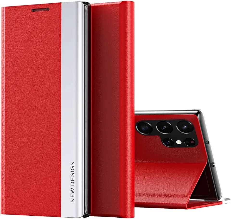 COQUE Hülle für Samsung Galaxy S24 Ultra Gehäuse,Magnetische Lederhülle für Smartphones auf der rechten Seite,Stoßfeste TPU Handyhülle für Samsung Galaxy S24 Ultra-rot