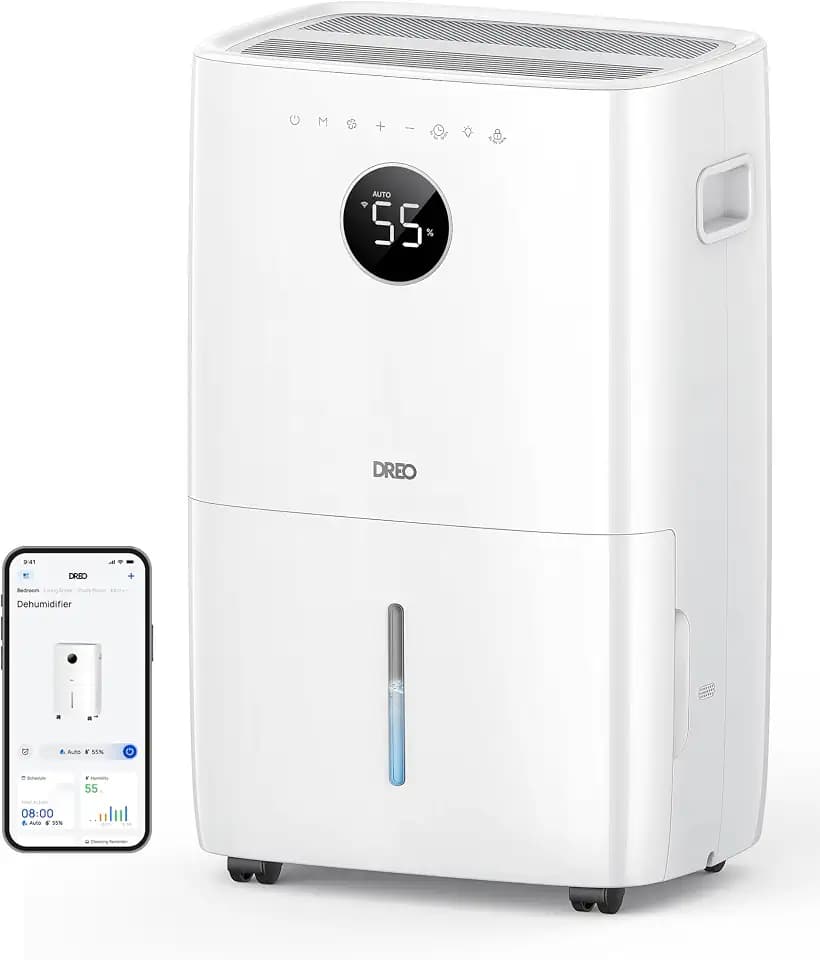 DREO 110-Pint Smart Dehumidifier for Basement, 4500 Ft² for Large Room, 2 Gallon Water Tank, Auto/Comfort/Constant Mode Dehumidifiers for Home, Bedroom, Bathroom, with Drain Hose, White, 711S