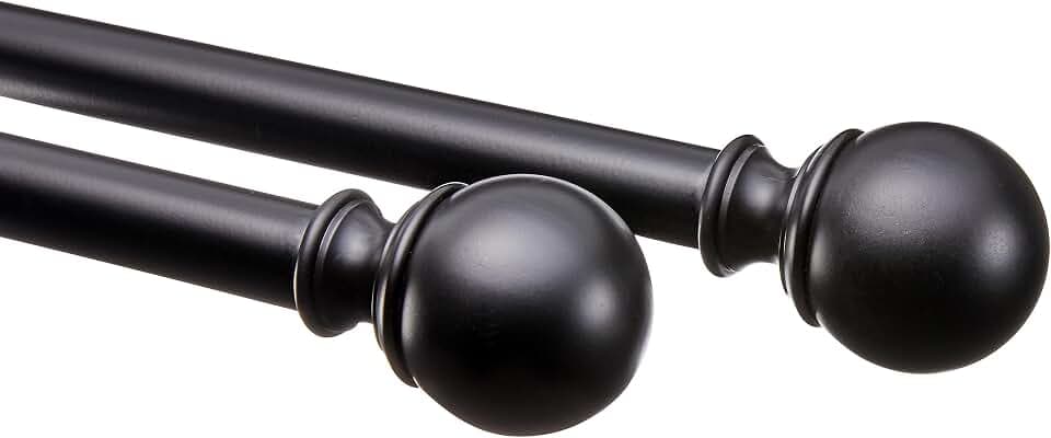 Amazon Basics Adjustable Curtain Rod for Windows, Round Finials, Easy Installation, Sturdy, 1-Inch Rod, 36" to 72", Black, 2-Pack