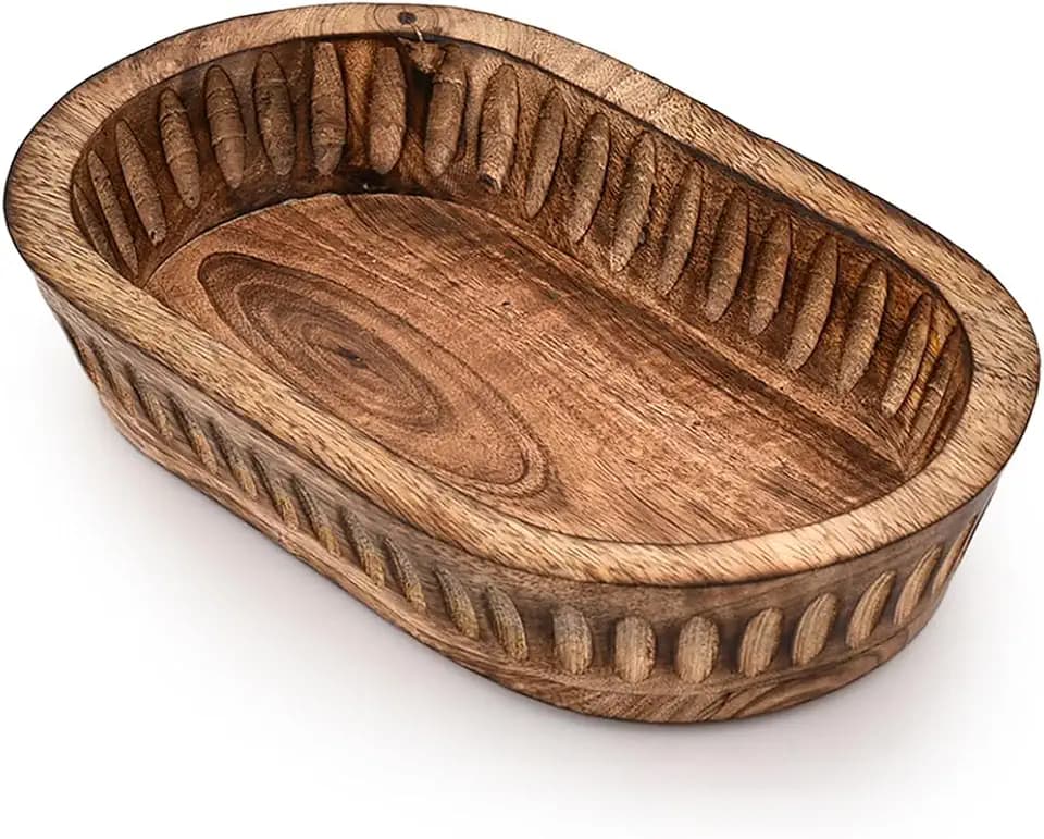 Kaizen Casa Decorative Bowl Mango Wood for Home Decor, Unique Centerpiece Bowl, with Hand Carved Vertical Stripes for Home Decor, Bathroom, Kitchen Counter, & More (10" x 6" x 2")