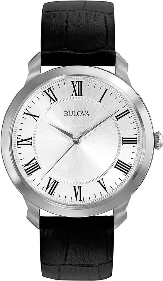 Bulova Men's Classic 3-Hand Quartz Black Leather Strap Watch, Roman Numeral Markers, 41mm