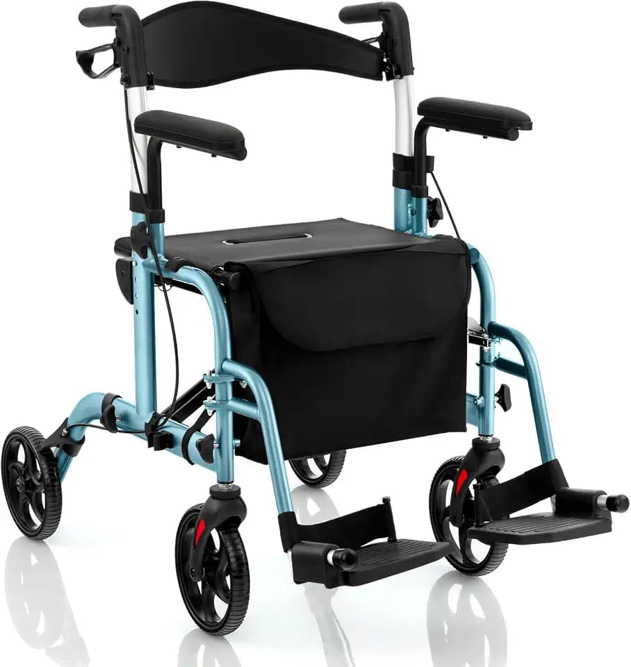 FANTASK Rollator faltbar & leicht, 2 in 1 Rollstuhl & Reiserollator mit Sitz, Gehhilfe mit Tasche & Doppelten Bremsen & Stockhalter, Gehwagen 6-fach Höhenverstellbar für Senioren (Blau)