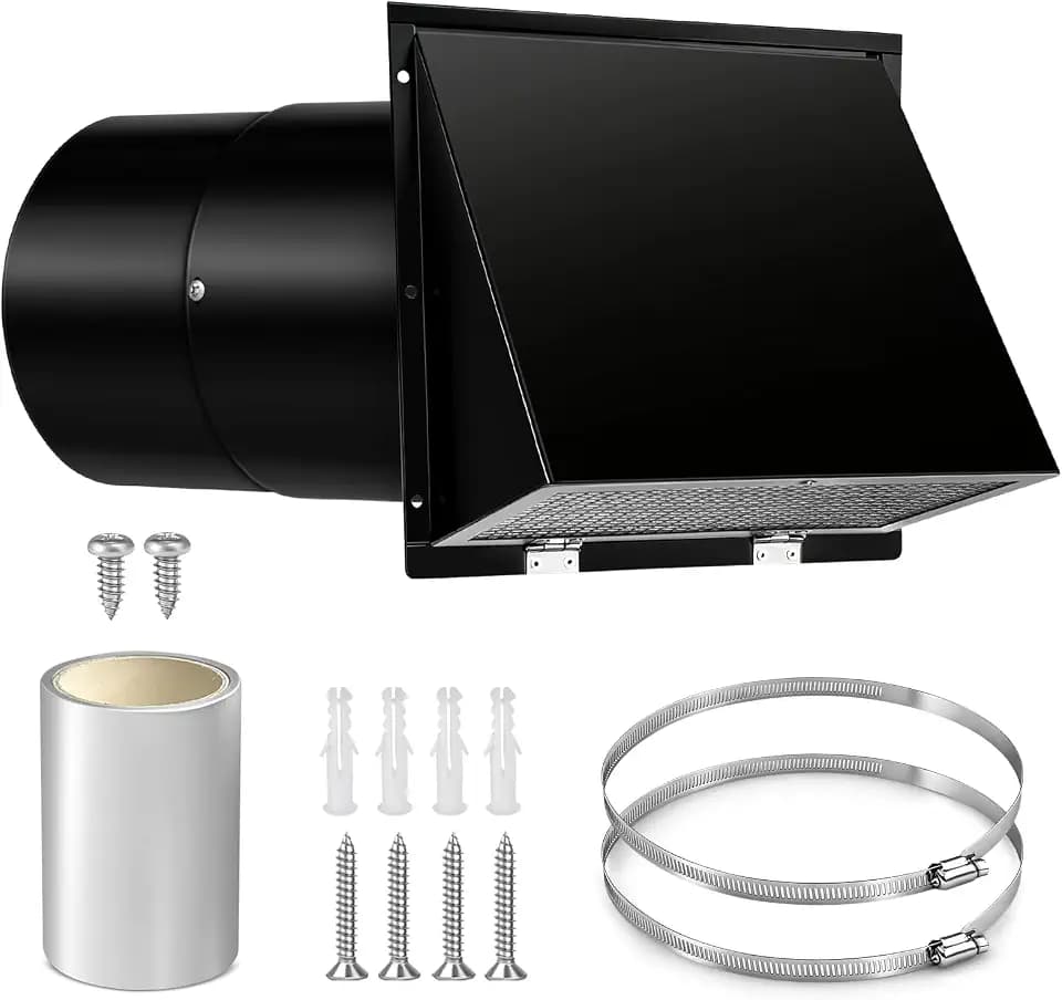 8 Inch Wall Vent Cover with Screen and Damper for Kitchen Range Hood Dryer Duct, Black