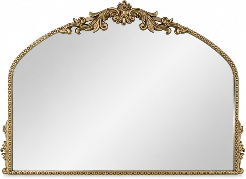 Arched Wall Mirror, 36×24 Inch Baroque Gold Frame with Beaded Border