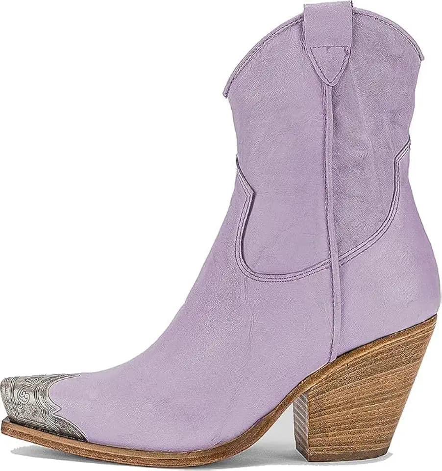 Women's Cowboy Cowgirl Metal Toe Ankle Boots Stacked Block Heel Short Boots