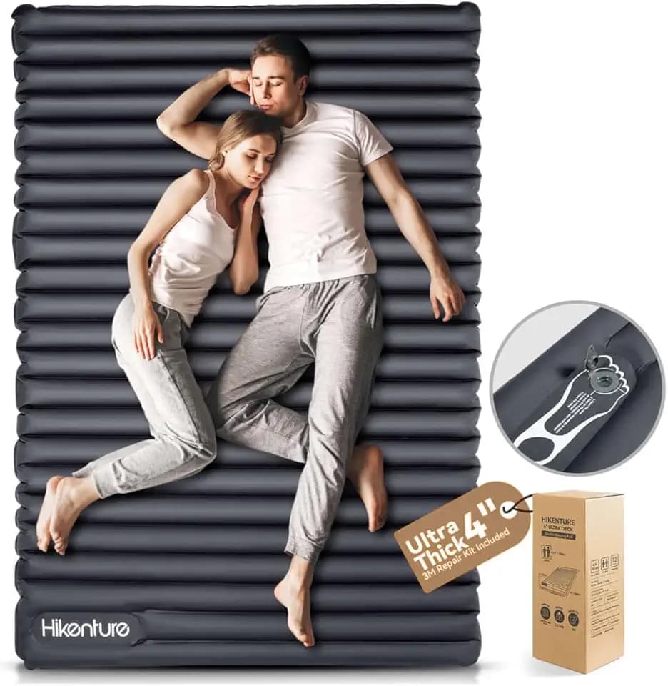 Hikenture Double Sleeping Pad for Camping, Ultralight 4" Extra-Thick Camping Mattress 2 Person, Inflatable Backpacking Sleeping Mat, Hiking Air Mattress for Tent (Grey Footpump 79x47.5in)