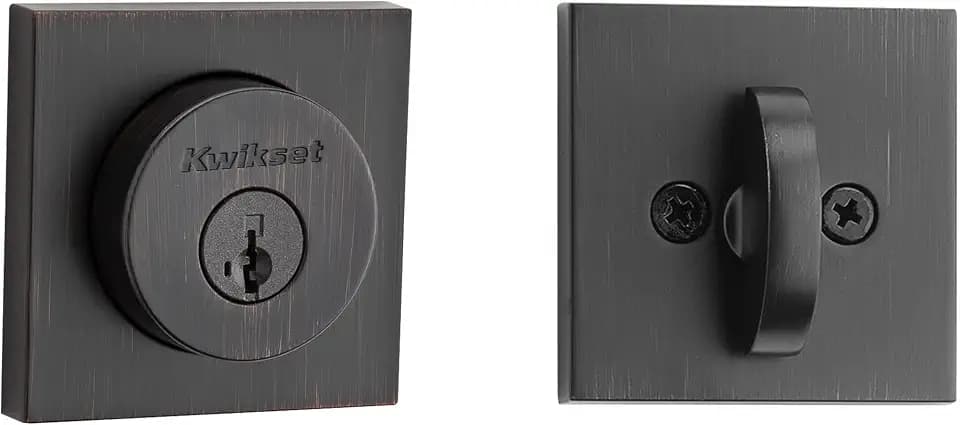 Kwikset Halifax Deadbolt Lock, Venetian Bronze Square Exterior Keyed Front Entry Door, Pick Resistant SmartKey Rekey Security, Single Cylinder Dead Bolt, with Microban Protection