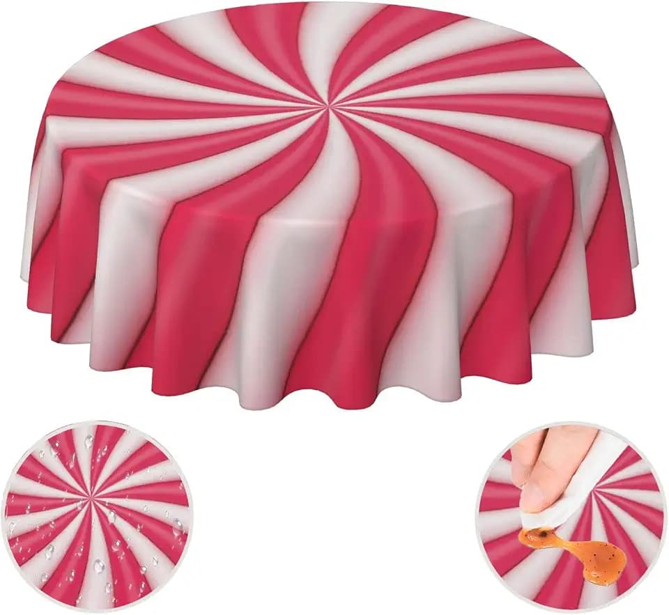 Christmas Lollipop Candy Sugar Red And White Cute Funny Pink Waterproof Picnic Round Table Cloth Cover Decorations Fabric 60 Inch Circular Tablecloth For 20-47 Inch Home Dining Room Kitchen Decor