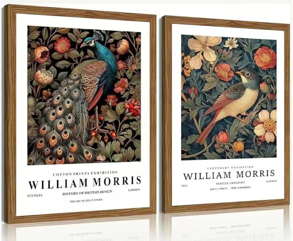 William Morris Peacock and Bird Framed Wall Art, 2 Piece Set, 12x16