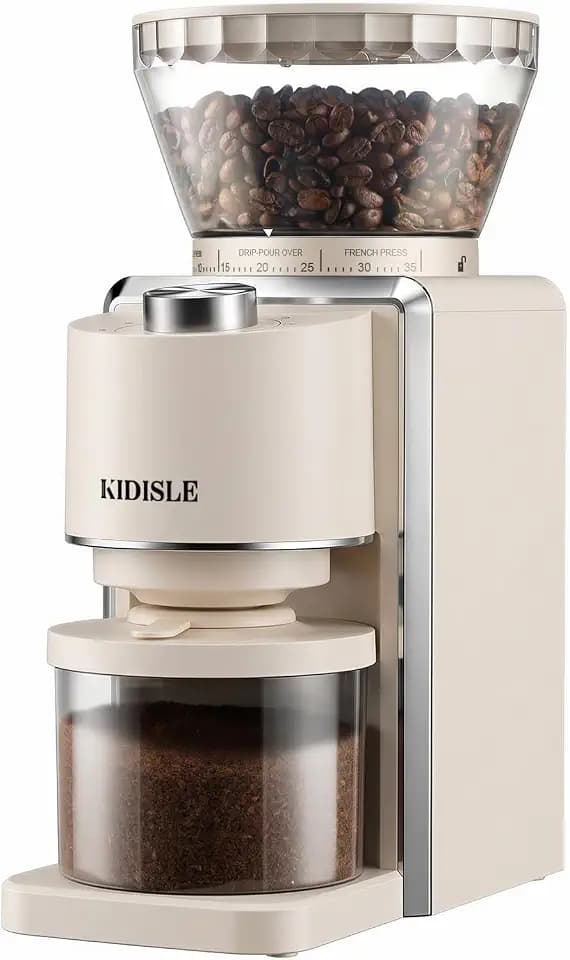 KIDISLE Conical Burr Coffee Grinder 2.0, Electric Coffee Bean Grinder for Precise Grinding, 35 Settings, 2–12 Cup Selector, Anti-Static Design for Home Use, Beige