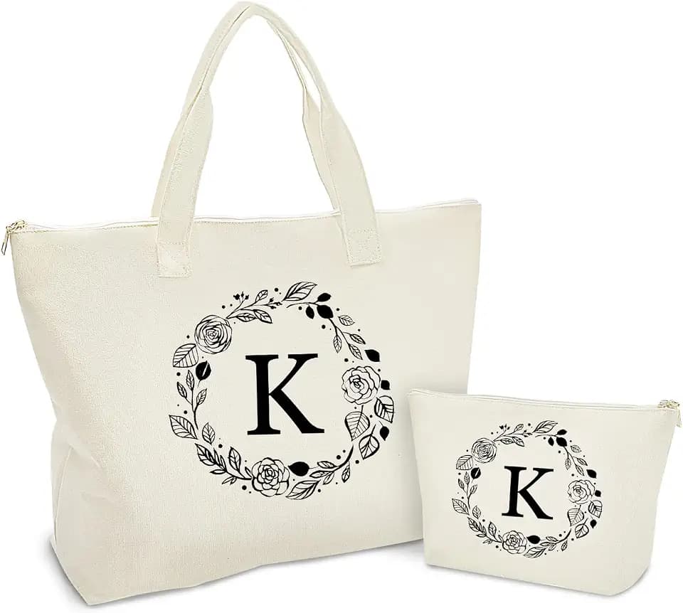 Initial Canvas Tote Bag with Zipper, Inner Pocket & Makeup Bag