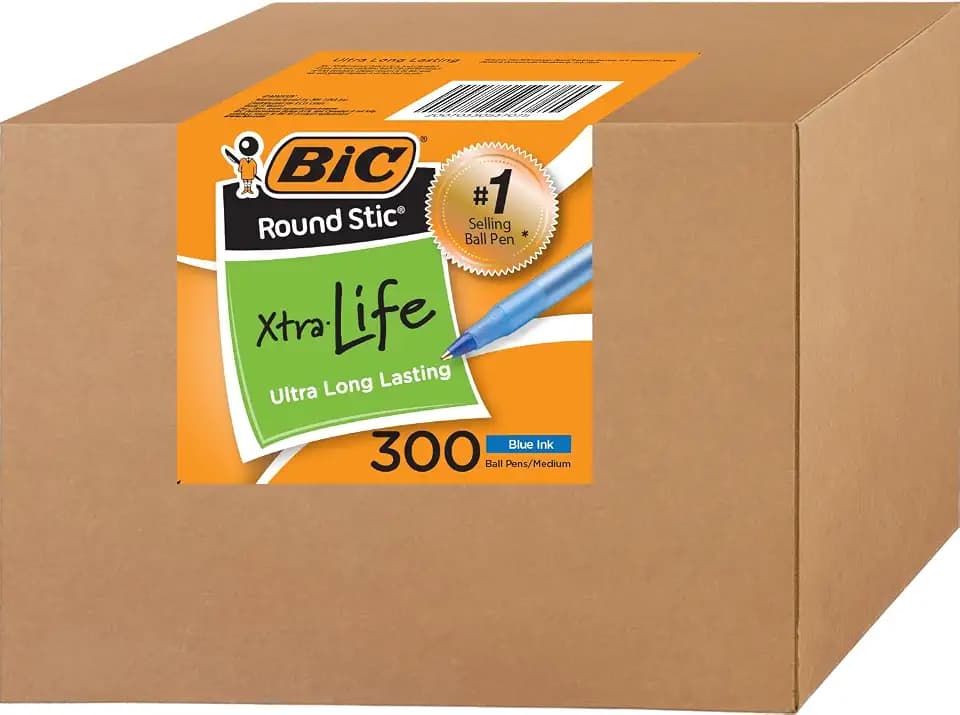 BIC Round Stic Xtra Life Ballpoint Pens, 1mm, Blue Ink Pens, 300 Pack
