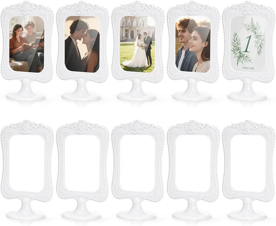 Peohud 10 Pack Double Sided Standing Picture Frames, 4 x 6 Inch White Plastic Pedestal Photo Frames with Inserts and Base for Table Top Display, Wedding, Menu, Vertical Photo Holder Bulk