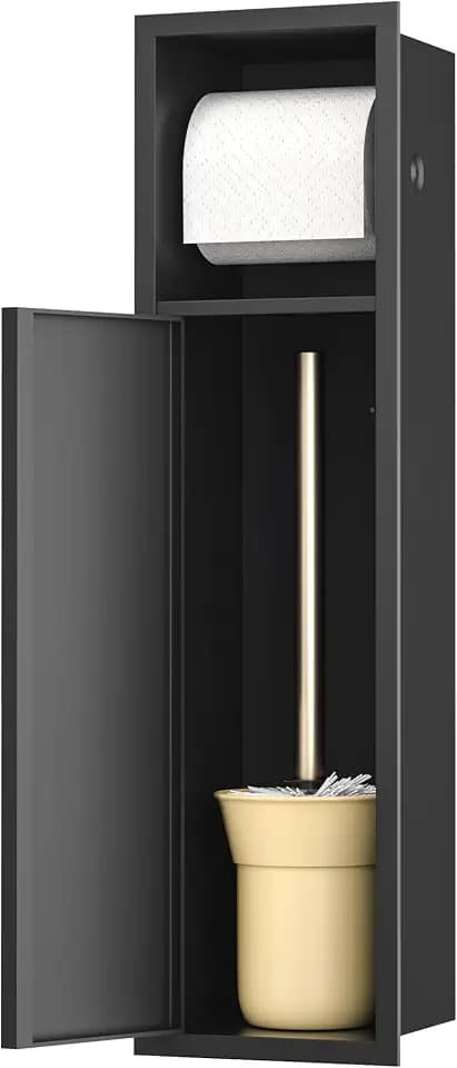 Toilet Paper Niche, Recessed Toilet Brush Holder with Cabinet, 304 Stainless Steel Toilet Paper Holder for Bathroom Renovation (Black)