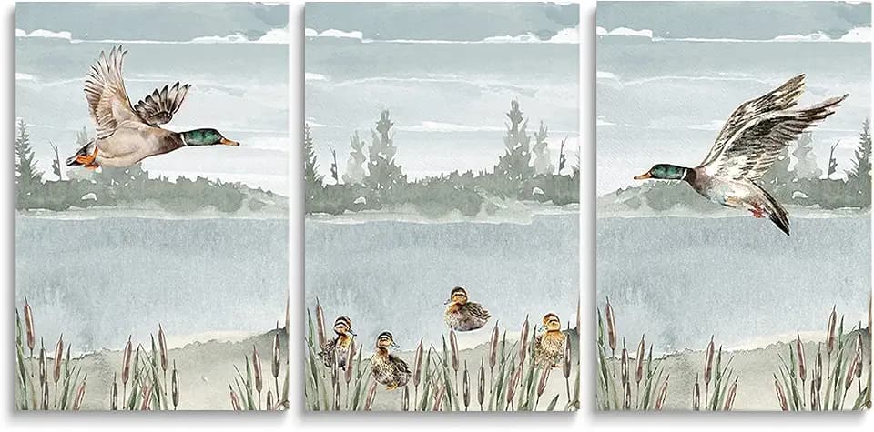 SKYSUKEY Watercolor Duck Hunting Nursery Decor, Set of 3 Mallard Duck Wall Prints, Nursery Wall Decor for Little Boys Girls Room, Rustic Outdoor Hunter Themed Decor, Framed Canvas Wall Art 12"x16"