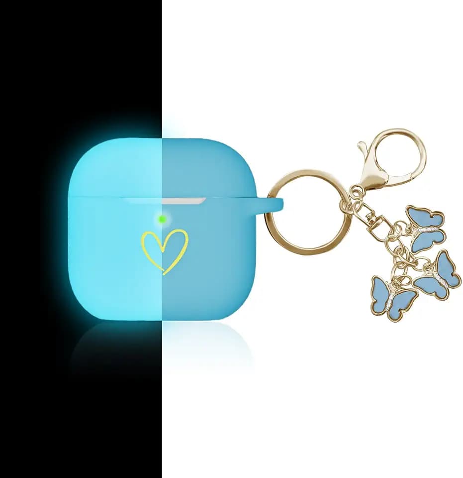 Kompatibel mit AirPods 4 Hülle, weiche Silikonhülle mit goldenem Herzmuster für AirPods 4. Generation Hülle mit süßem Schmetterlings-Schlüsselanhänger für Mädchen Frauen (Fluoreszierendes Blau)