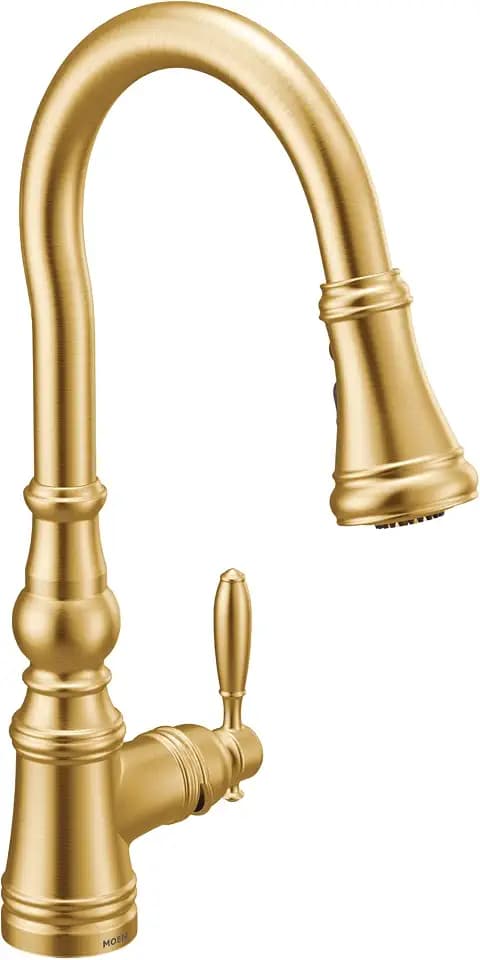 Moen Weymouth Brushed Gold Traditional Shepherd's Hook Pulldown Kitchen Faucet Featuring Pull Down Spray Head with Power Boost, S73004BG