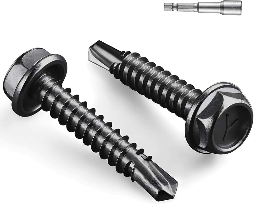 #10 x 1-1/4 Inch Self Drilling Screws, (99pcs) 1 lbs Black Self Tapping Screws for Metal, 410 Stainless Steel Hex Washer Head Sheet Metal Screw