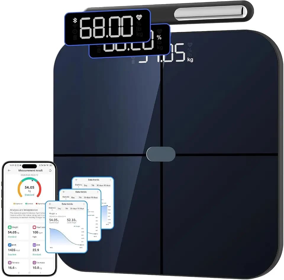 Healthkeep Personenwaage, Impedanzmesser, vernetzt, WLAN & Bluetooth, mit 8 Elektroden, hohe Präzision, 46 Körperdaten, für App, inklusive Android und iOS, Kapazität 180 kg/400 lb, 30 x 30 cm
