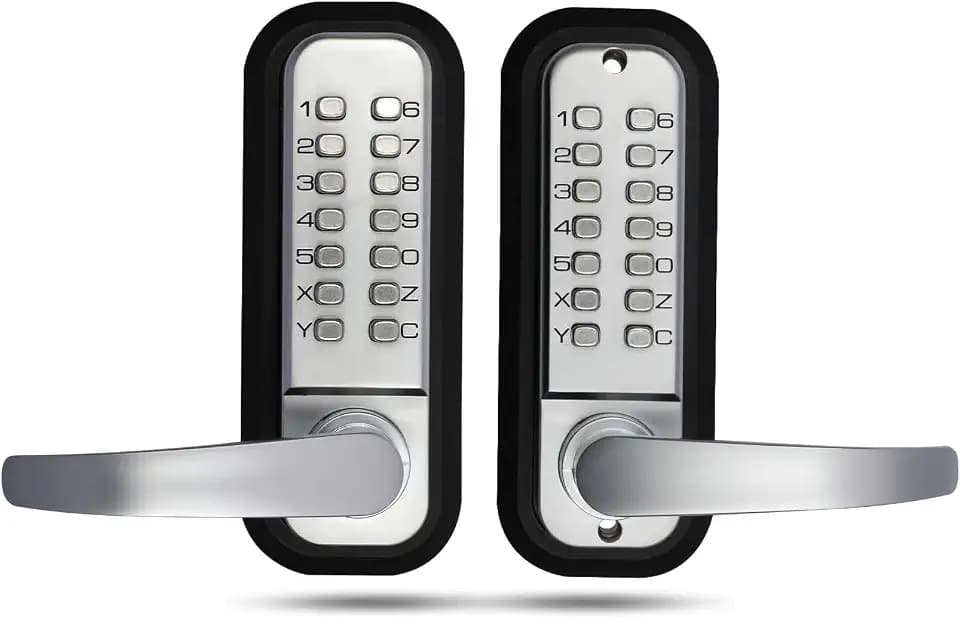 New Upgrade Double Sided Keypad Door Lock with Adjustable Deadlatch 2-3/8'' and 2-3/4'',Double Sided Keyless Door Lock with Handle, Double Sided Gate Lock for Outdoor Fences (Silvery)