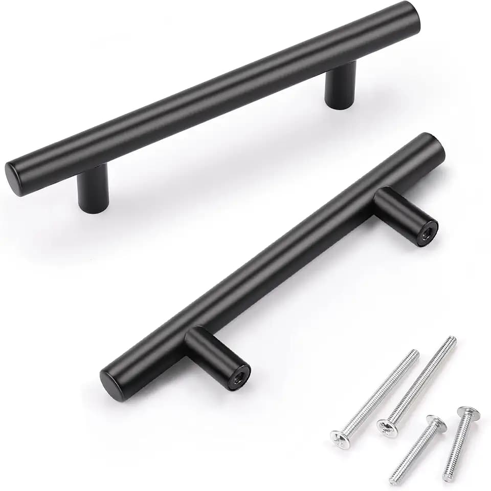 KNOBWELL 12 Pack 3-1/2" Matte Black Cabinet Pulls, T Bar Black Handles for Kitchen Cabinet Cupboard Vanity Dresser Drawer, Overall Length 5-2/5"