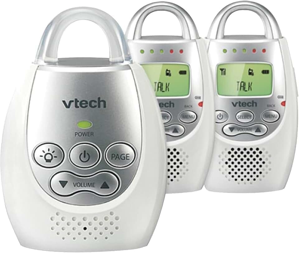 VTech DM221-2 Digital Audio Baby Monitor with 2 Parent Units, DECT 6.0, 1000ft Long Range, Talk Back Intercom, Vibrating Alert, Night Light, Rechargeable - White