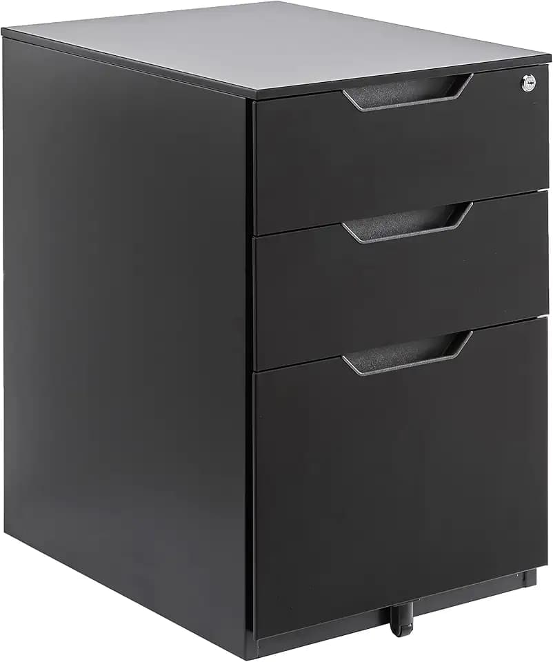 Amazon Basics 3-Drawer Mobile File Cabinet with Lock, Rolling Filing Cabinet for Hanging Files, Black, 20.71" D x 15.51" W x 24.29" H