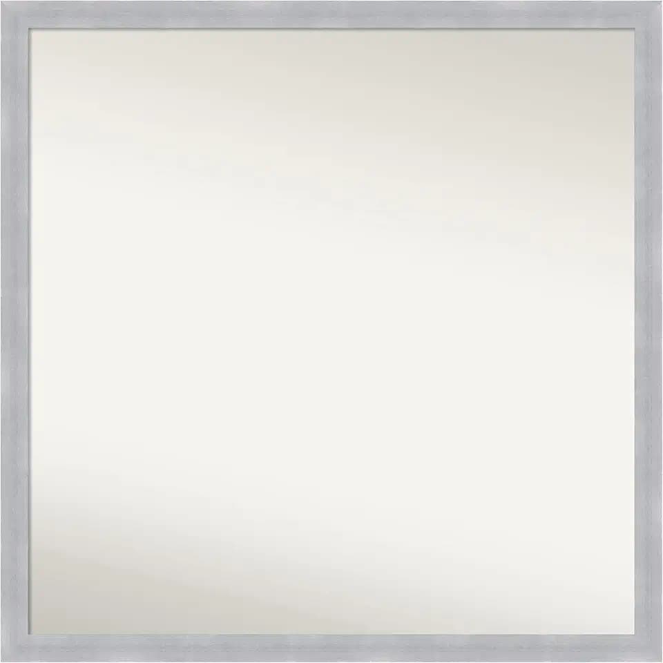 Amanti Art Silver Bathroom Mirror for Over Sink, 28x28 Grace Brushed Nickel Narrow Square Vanity Mirror, Large Modern Frame, Hangs Horizonally and Vertically, Bathroom Wall Decor, Non-Beveled Edge
