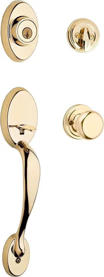 Kwikset Chelsea Front Door Lock Handle and Deadbolt Set, Entry Handleset Exterior with Juno Interior Door Knob, Lifetime Polished Brass Pick Resistant SmartKey Rekey Deadbolt Security