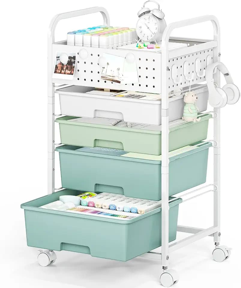 4 Drawer Rolling Storage Cart with Pegboard Top and Hooks, Gradient Green