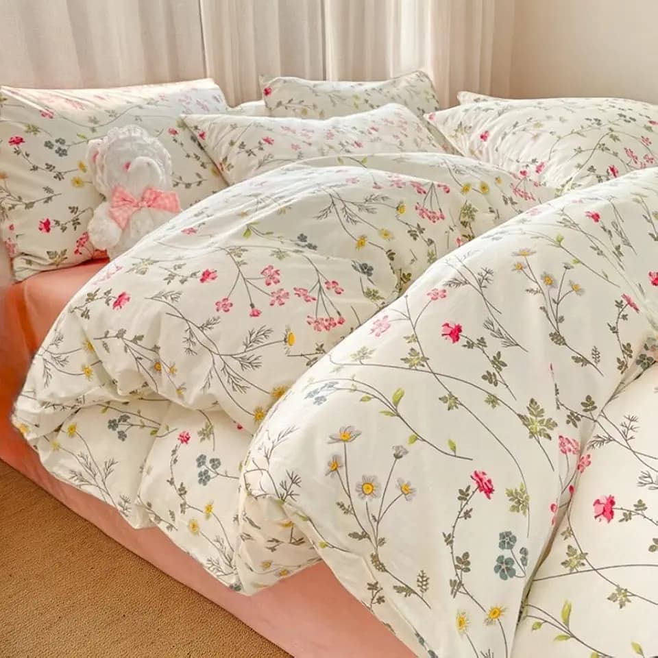 CCoutueChen Floral Duvet Cover Full 3Pieces 100% Cotton Duvet Cover Gardern Farmhouse Botanical Flower Bedding with 2 Pillowcases(No Comforter,Beige)