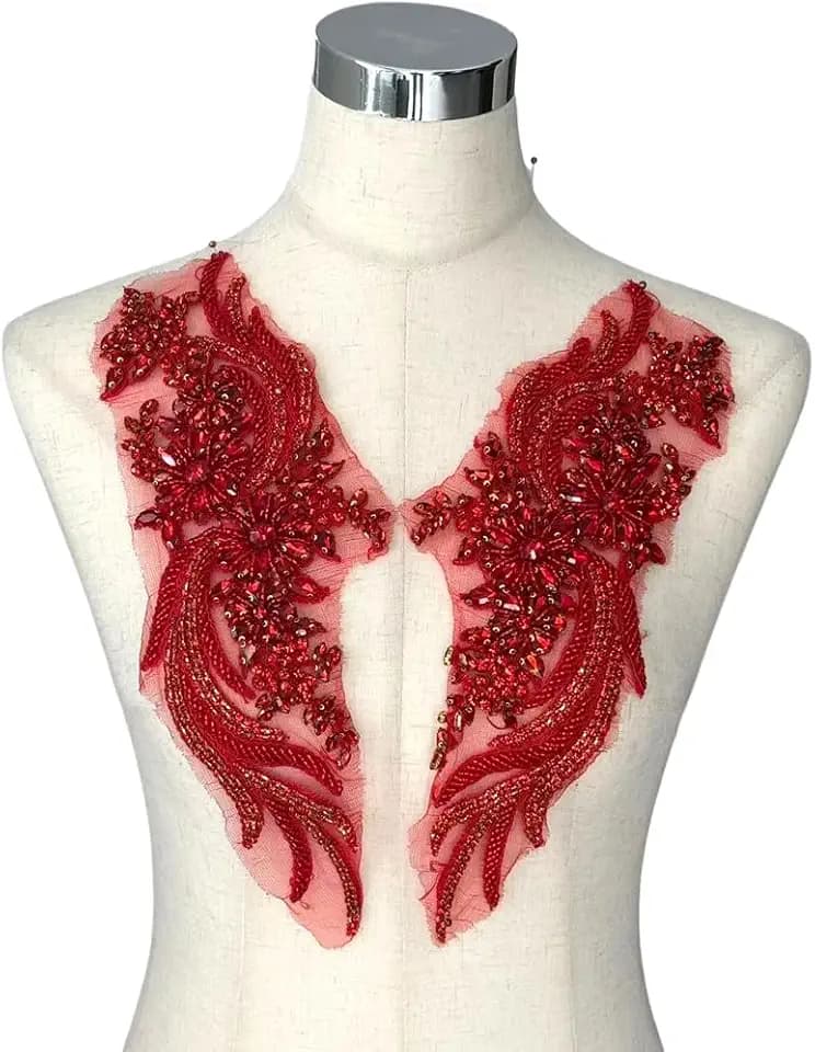 Hand-Made Beaded Rhinestons DIY Clothing Appliques Patch,14.5" *4.9" Wedding Dress Decoration,Red Flower Applique by Pair