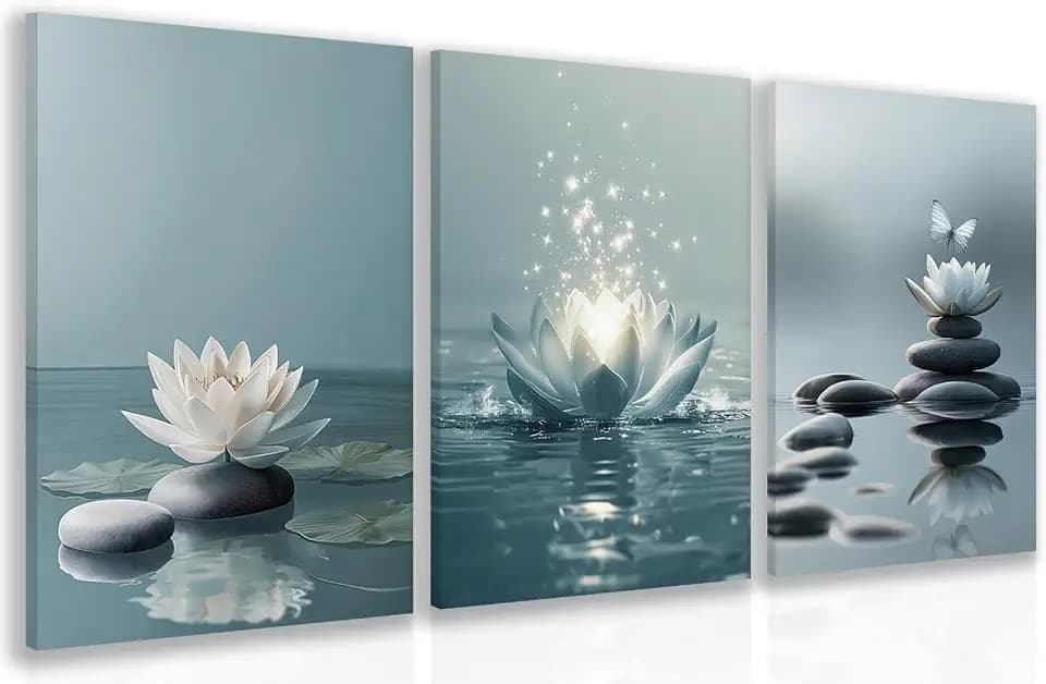 GELDSTEI Wrapped Canvas Lotus Flower Zen Stones Wall Art Set of 3, 16x24 in